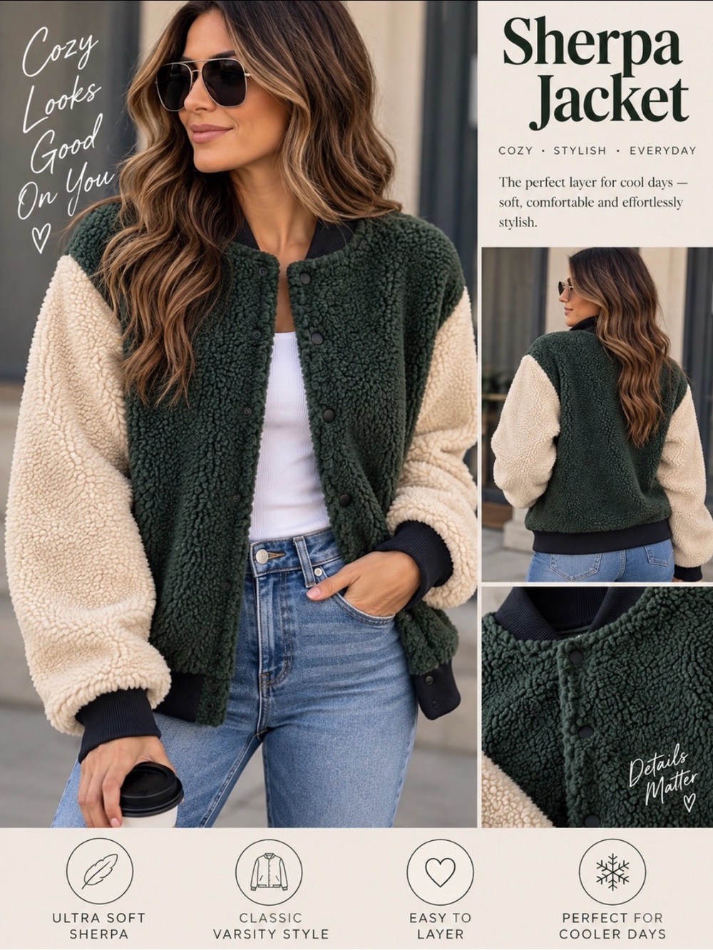 Brooklyn Cloth Green & Cream Sherpa Bomber Jacket